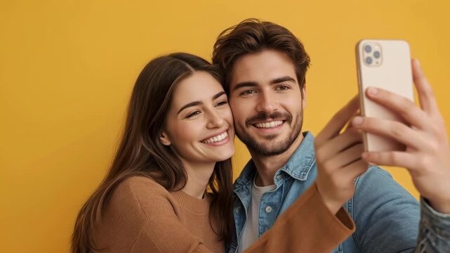 Young Adult Couple Smiling for Smartphone Selfie Portrait Against Warm Yellow Background