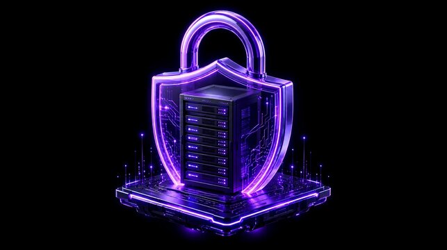 Secure server rack with glowing purple cybersecurity lock