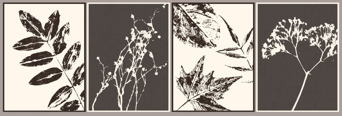 Naklejka premium Stamp distressed flowers, leaves, plants. Minimal style wild flower. Spring, summer, autumn botanical art. Wall art composition with canvas texture. Monochromatic vintage style.