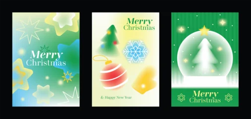 Fotobehang Karaktertjes Merry Christmas and Happy New Year vector posters set. Glowing stars, Christmas ornament, snowflake and tree snow globe on festive green holiday greeting card backgrounds.  © TWINS DESIGN STUDIO