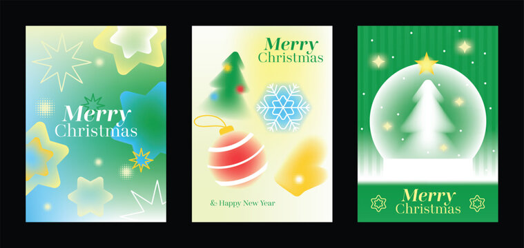 Merry Christmas and Happy New Year vector posters set. Glowing stars, Christmas ornament, snowflake and tree snow globe on festive green holiday greeting card backgrounds.