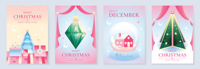 Naklejka premium Merry Christmas and Happy New Year vector posters set. Christmas trees, gift boxes, hanging ornament and winter house snow globe with soft pink pastel festive backgrounds.