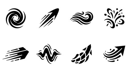 Fototapeta premium Nine abstract geometric patterns feature dynamic swirls and directional arrows in black and white.