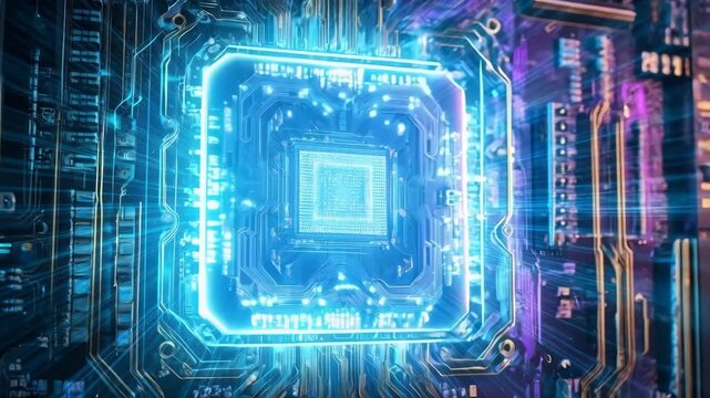 Futuristic Computer Processor and Semiconductor Microchip Glowing on Neon Circuit Board Technology