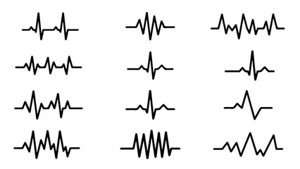 Naklejka premium Black and white line art depicting various sound wave patterns in a structured grid.