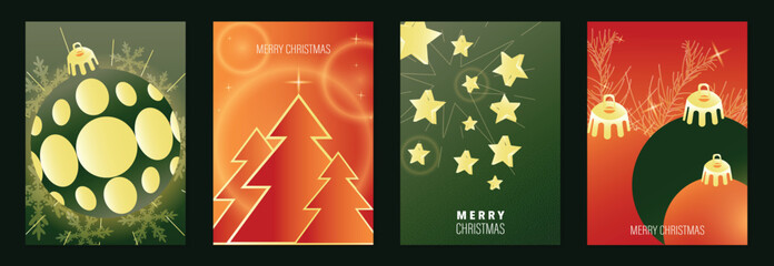 Naklejka premium Merry Christmas and Happy New Year vector posters set. Christmas baubles, geometric trees, stars and festive ornaments on green, orange and red holiday backgrounds.