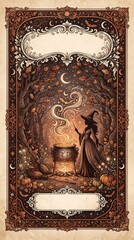 Fototapeta premium Halloween witch brewing a magic potion in a cauldron inside a dark vintage frame with moon and stars