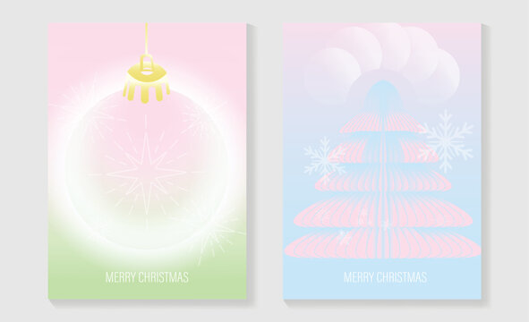 Merry Christmas and Happy New Year vector posters set. Glowing Christmas bauble, abstract layered tree, snowflakes and soft pastel pink, blue and green holiday backgrounds.