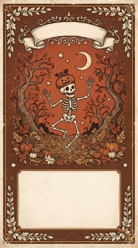Vintage style dancing skeleton illustration with autumn leaves and moon frame for halloween poster or greeting card design