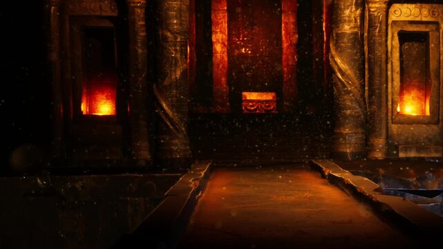 A hall shows tall stone pillars with glowing lights in the background. A platform sits in the center of the space. The atmosphere feels old and filled with mystery.