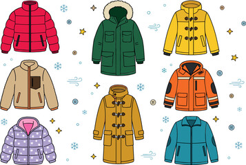 Winter jacket and coat vector set featuring warm puffer jackets heavy parkas with fur hood duffle coats fleece and weather resistant outerwear © MstRowshanAra