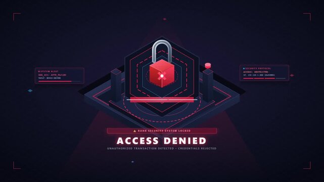 Isometric 3D cybersecurity interface showing access denied alert for unauthorized banking transaction system security breach attempt