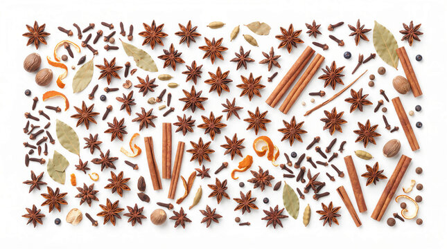 Autumn spices star anise cloves set containing assorted spices including star anise, cinnamon sticks, cloves, and bay leaves on white background.
