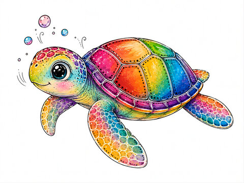 Cute little sea turtle with vibrant rainbow shell and colorful bubbles isolated on white background