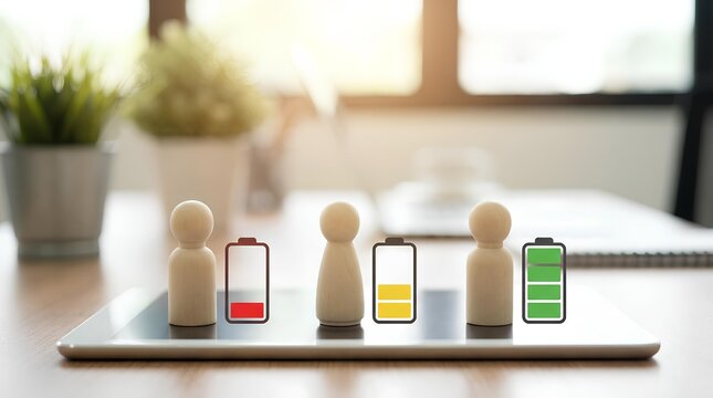Wooden peg figures with battery level icons on digital tablet.