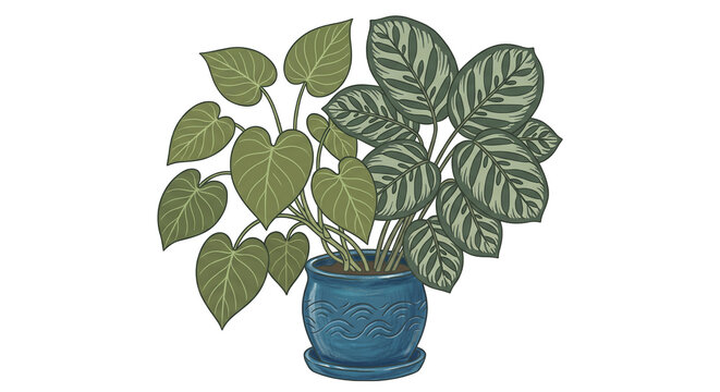 Hand drawn illustration of tropical Calathea and heart leaf potted houseplants in blue ceramic pot isolated on transparent background
