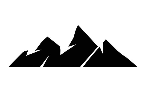 Minimalist mountain silhouette icon, black sharp peak range graphic on white background, geometric mountain ridge symbol for outdoor branding, rugged alpine landscape shape for logo design.
