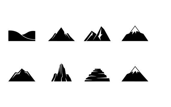 Minimalist mountain icons set, black silhouette peak symbols on white background. Collection of 8 geometric mountain range shapes, simple nature landscape elements for logo design and branding.