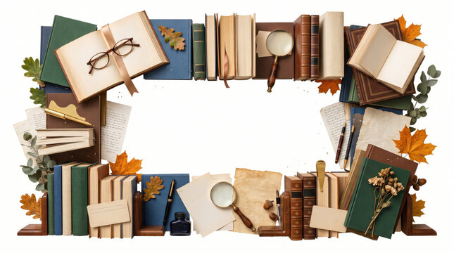 Vintage study border with old books magnifying glass and autumn leaves isolated on white background