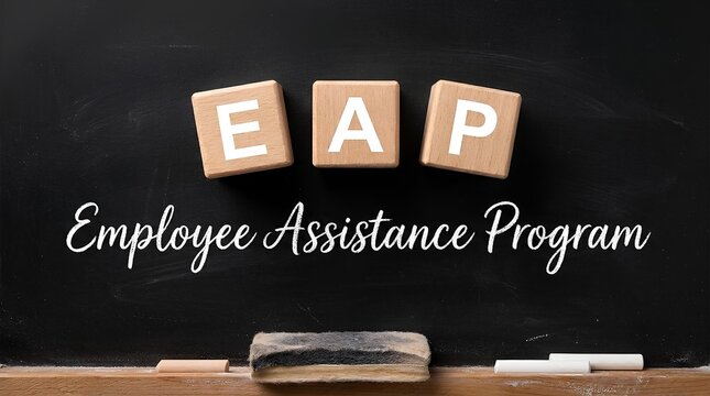Wooden blocks spelling EAP on chalkboard with Employee Assistance Program text.