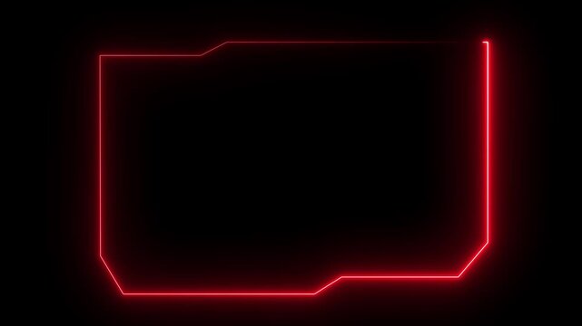 Neon glowing live stream overlay frame with red and blue light lines on a dark background for gaming channel video broadcast with space for chat and social media icon