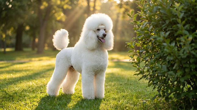 Beautiful white standard poodle dog standing on green grass in park at sunset