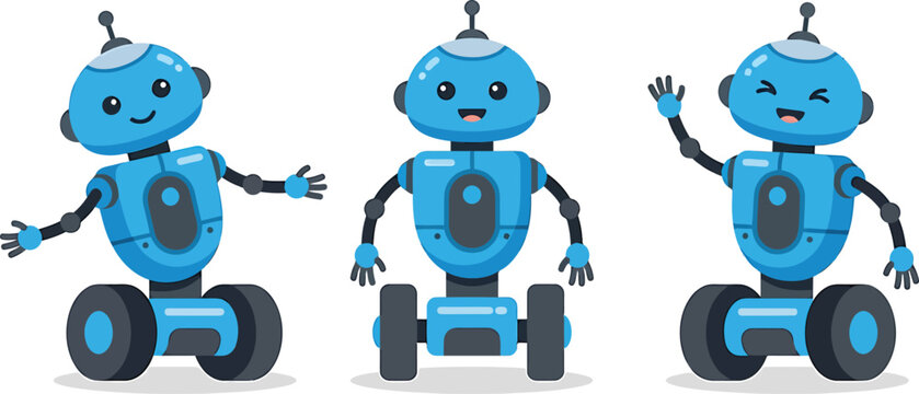 Friendly blue robot character set, cute android mascot collection in 3 poses, modern robotic assistant vector illustrations