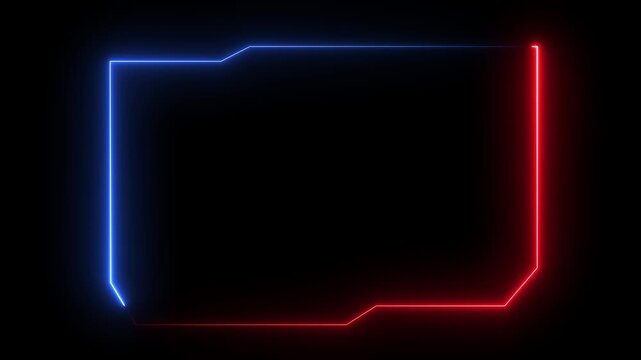 Neon glowing live stream overlay frame with red and blue light lines on a dark background for gaming channel video broadcast with space for chat and social media icon