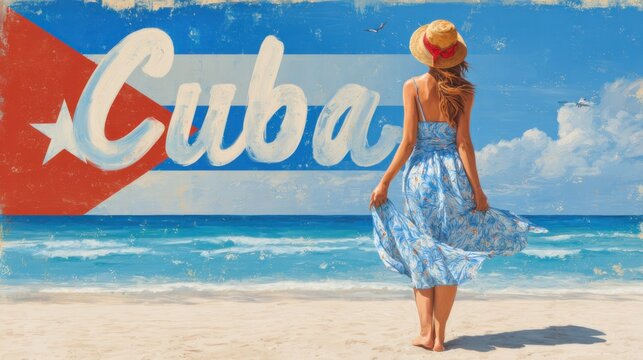 Woman walks on beach in Cuba with blue sea and sky in background showing flag symbol