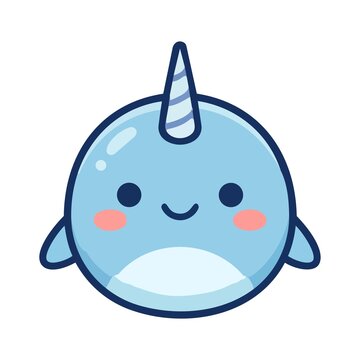 Cute blue narwhal cartoon illustration isolated on white background. Kawaii ocean animal character vector