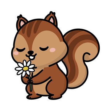 Cute chipmunk squirrel holding and smelling daisy flower cartoon vector illustration isolated on white background
