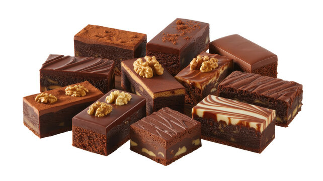 A collection of assorted chocolate brownie squares with various toppings like walnuts and chocolate drizzle, isolated on a white background