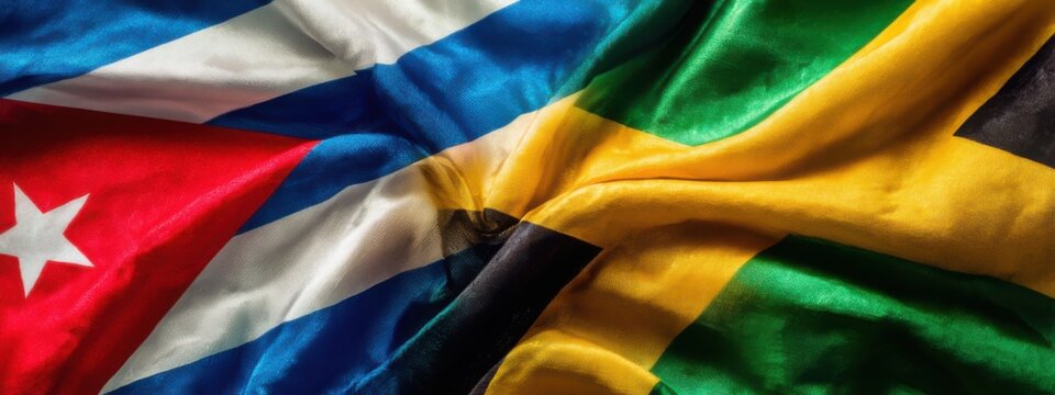Flags from Cuba and Jamaica shown together on a surface with clear colors and designs in a close-up view during a bright setting
