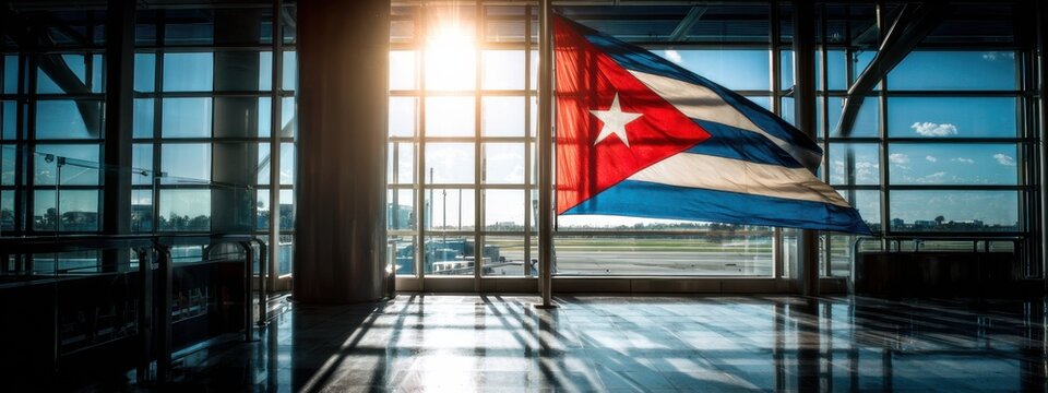 Cuban flag waving in sunlight inside airport terminal during late afternoon hours