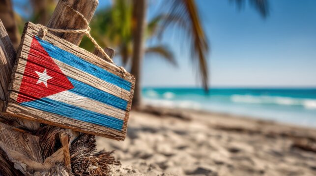 Cuban flag on a wooden sign at a beach with blue water and sand during a sunny day in Cuba
