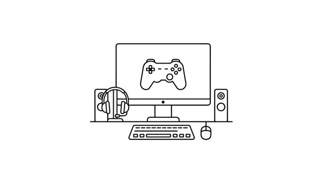 Outline icon of a complete computer gaming setup with screen displaying controller alongside headset and speakers.