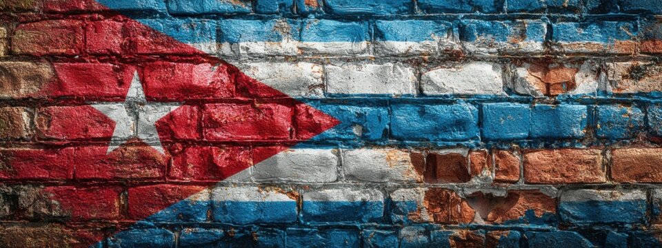 Cuban flag painted on a brick wall in a vibrant display of national pride and culture in a city street