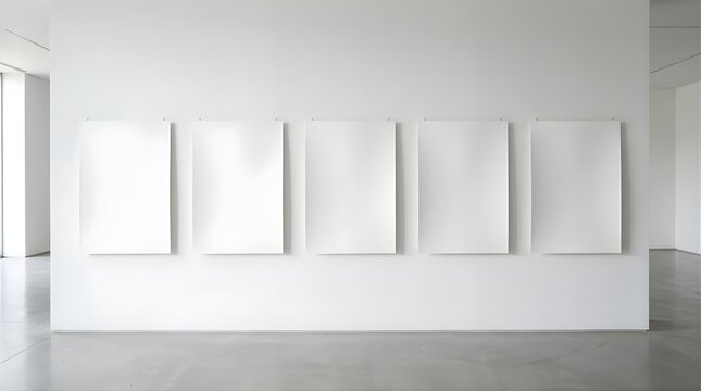 Five blank canvases hanging on a white wall in a modern art gallery