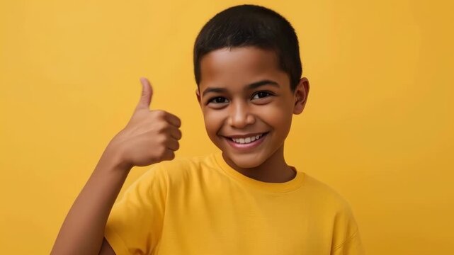 Cheerful Child Smiling and Giving Thumbs Up Against Bright Yellow Background