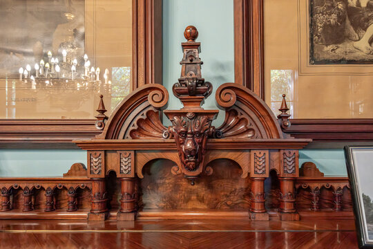 Carved Wooden Furniture Detail inside Arus Public Library (Biblioteca Arus), Barcelona, Lion Head Relief, Historic Interior