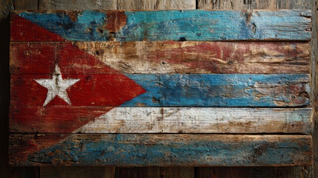 Cuban flag made of weathered wood with bright colors hanging on a wooden wall in a rustic setting