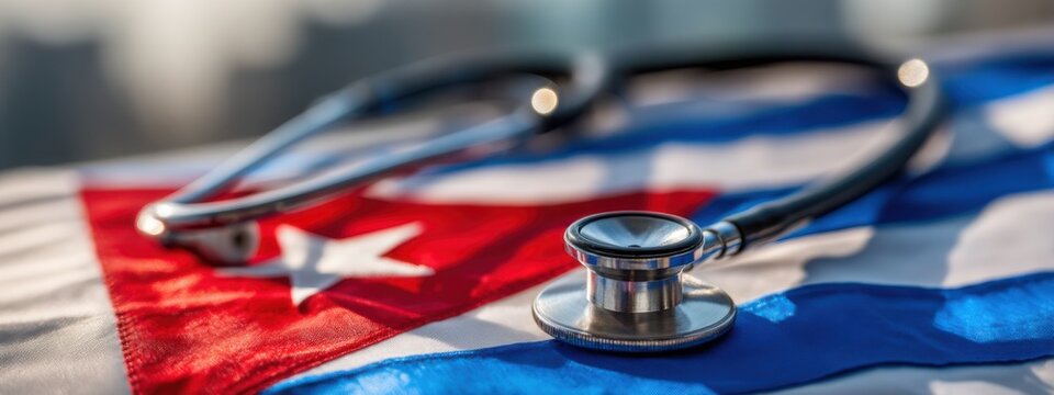 Stethoscope resting on Cuban flag with city skyline in background showing connection between health and national identity