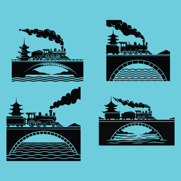 Traditional Steam Train and Pagoda Silhouette on Historic Bridge with Water Waves and Mountain Background