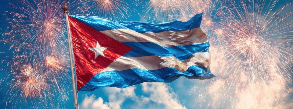 Cuban flag flies with fireworks in the background during a celebration in Cuba at night