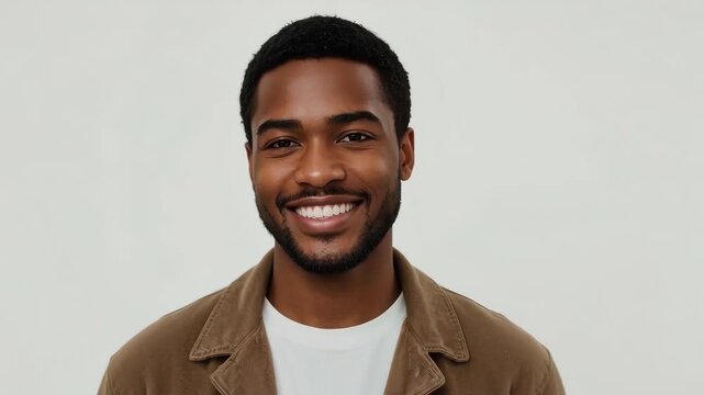 Smiling Young Black Man Portrait in Brown Jacket and White Shirt Against Neutral Background