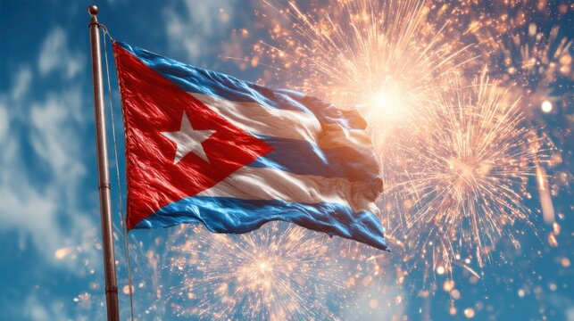 Celebration of Cuban culture with fireworks and the Cuban flag waving in the sky on a festive night