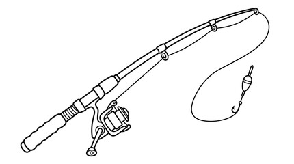 Black and white line art illustration of a fishing rod with reel, line, hook, and bobber, isolated on white © Galih