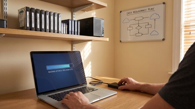 Person backing up data on laptop at desk with computer equipment with laptop displays data backup progress screen technology security recovery hardware software storage with Network