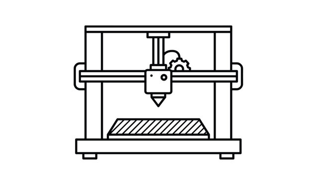 Thin black line art outline drawing of a professional high tech industrial desktop 3d printer equipment.
