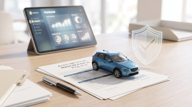 Automotive insurance policy protection featuring blue car model shield approval documents tablet dashboard and modern professional office workspace concept scene
